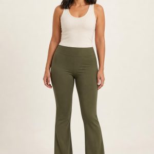 Women's Olive Flare Leggings worn with an adult model