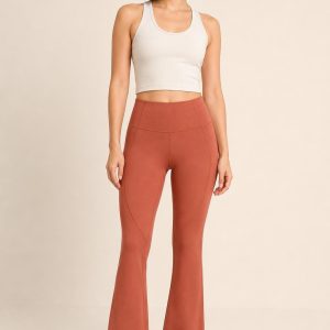 Women's Terracotta Tonal Panel Flare Leggings worn with an adult model
