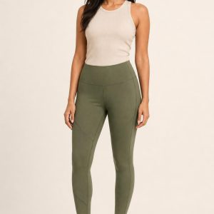 Women's Olive Tonal Panel Stirrup Leggings worn with an adult model