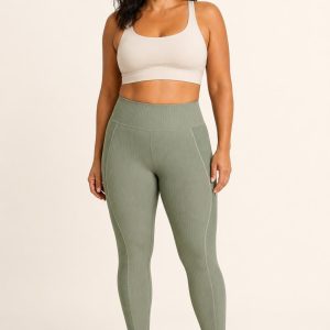 Women's Sage Tonal Panel Rib Leggings worn with an adult model