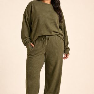 Women's Olive Rib Lounge Set worn with an adult model