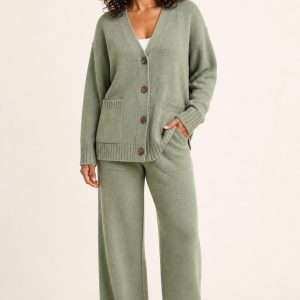 Women's Sage Cardigan Lounge Set worn with an adult model