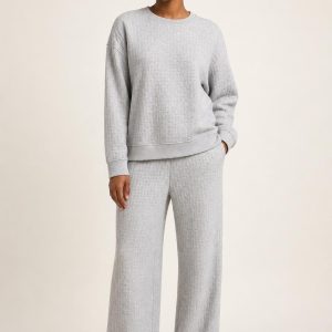 Women's Silver Tonal Texture Wide-Leg Lounge Set worn with an adult model