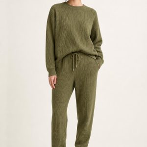 Women's Olive Tonal Texture Knit Jogger Set worn with an adult model