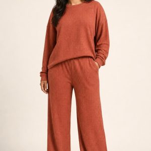 Women's Terracotta Tonal Texture Rib Lounge Set worn with an adult model