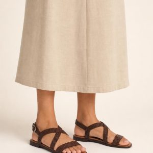 Women's Chocolate Strappy Sandal worn with an adult model