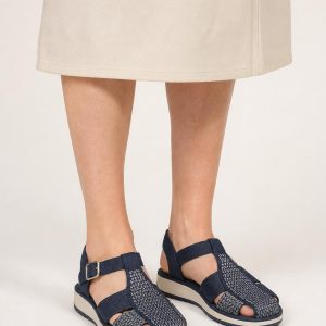 Women's Navy Two-tone Panel Fisherman Sandal worn with an adult model