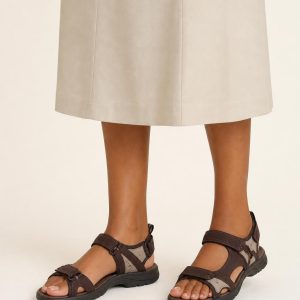 Women's Chocolate Two-tone Panel Sport Sandal worn with an adult model