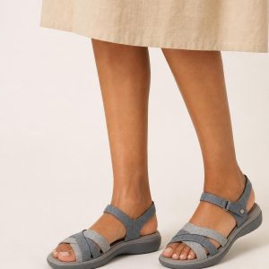 Women's Slate Two-tone Panel Strappy Sandal worn with an adult model