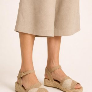 Women's Sand Two-tone Panel Espadrille Sandal worn with an adult model