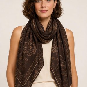 Women's Chocolate Silk-Like Scarf worn with an adult model