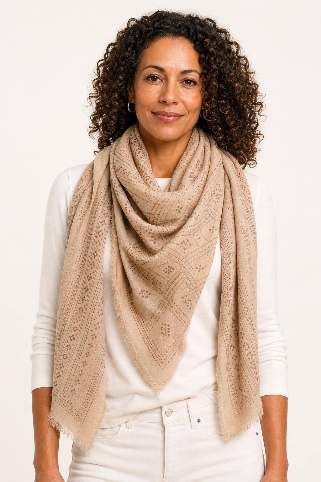 Women's Sand Cotton Scarf worn with an adult model