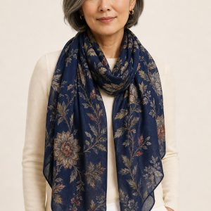 Women's Navy Printed Neck Scarf worn with an adult model