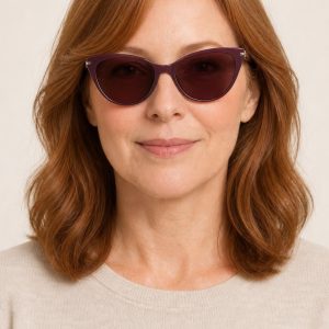Women's Plum Cat-Eye Sunglasses worn with an adult model
