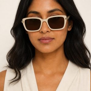 Women's Ivory Square Sunglasses worn with an adult model