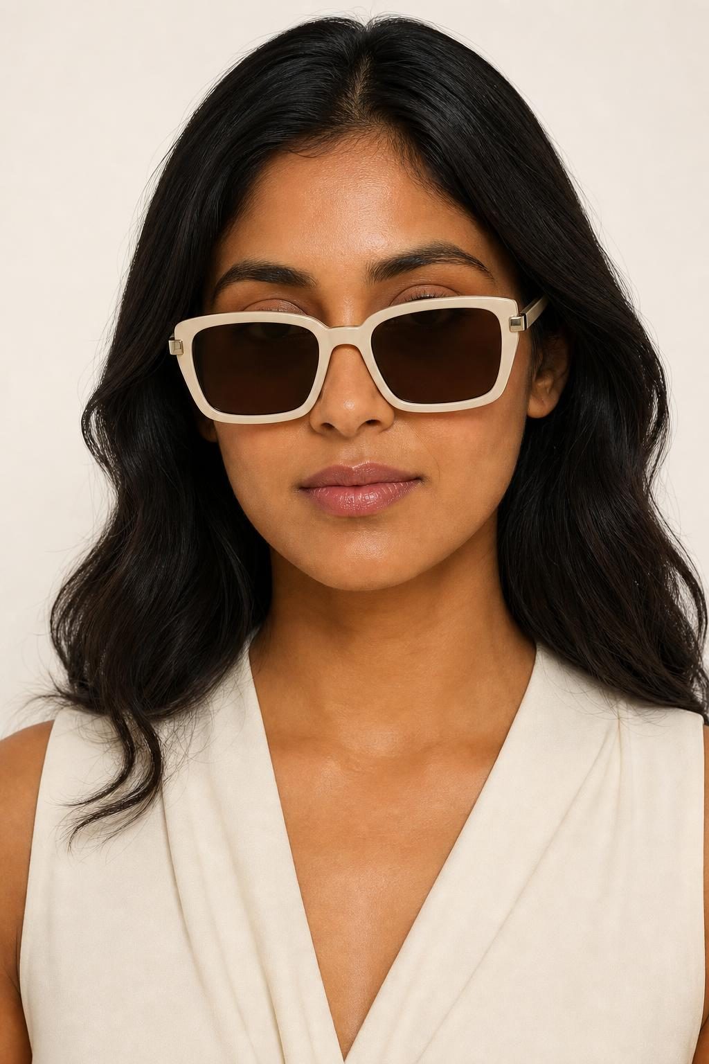 Women's Ivory Square Sunglasses worn with an adult model