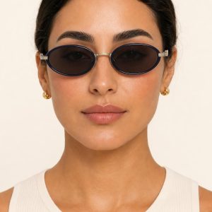 Women's Indigo Oval Sunglasses worn with an adult model