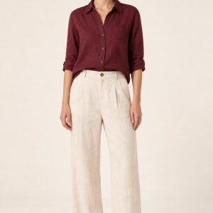Women's Burgundy Linen Shirt worn with an adult model