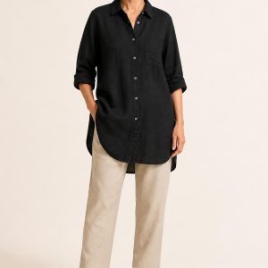 Women's Black Tunic Shirt worn with an adult model
