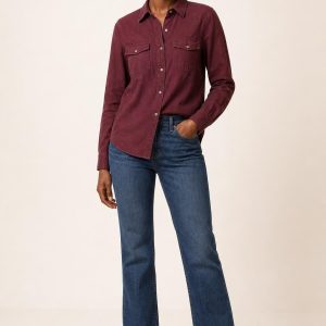 Women's Burgundy Western Shirt worn with an adult model