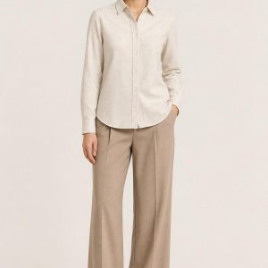 Women's Oatmeal Tonal Texture Oxford Shirt worn with an adult model