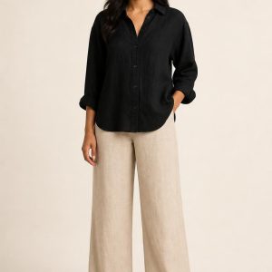 Women's Black Tonal Texture Linen Shirt worn with an adult model