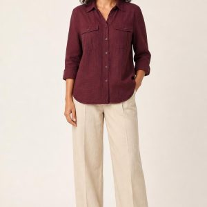 Women's Burgundy Tonal Texture Utility Shirt worn with an adult model