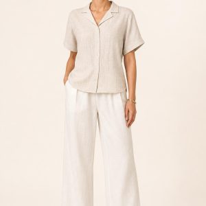 Women's Oatmeal Tonal Texture Camp Shirt worn with an adult model