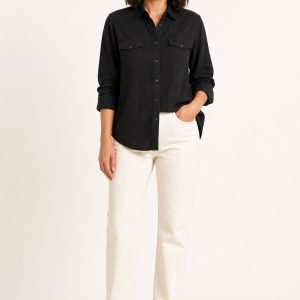 Women's Black Tonal Texture Western Shirt worn with an adult model