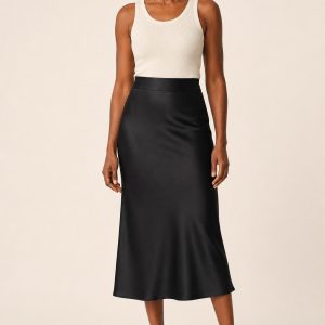 Black Satin Midi Skirt worn with an adult model