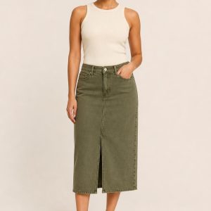 Women's Olive Midi Skirt worn with an adult model