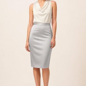 Women's Silver Pencil Skirt worn with an adult model