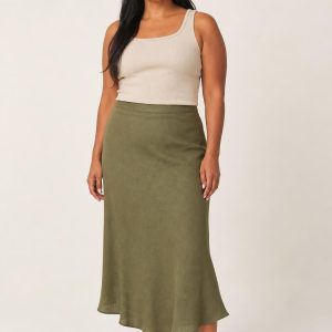 Women's Olive Bias Skirt worn with an adult model