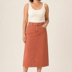 Women's Terracotta Denim Skirt worn with an adult model