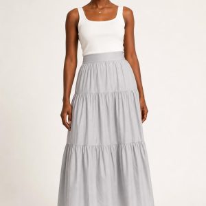 Women's Silver Tiered Skirt worn with an adult model