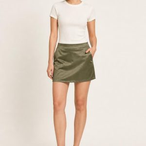 Women's Olive Mini Skirt worn with an adult model