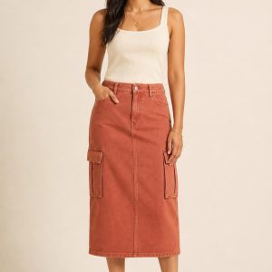 Women's Terracotta Cargo Skirt worn with an adult model