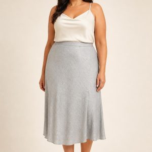 Women's Silver Tonal Texture Midi Skirt worn with an adult model