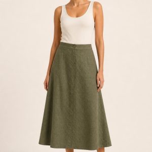 Women's Olive Tonal Texture A-Line Skirt worn with an adult model