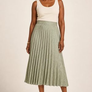 Women's Sage Tonal Texture Pleated Skirt worn with an adult model