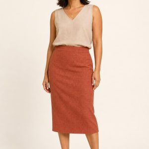 Women's Terracotta Tonal Texture Pencil Skirt worn with an adult model
