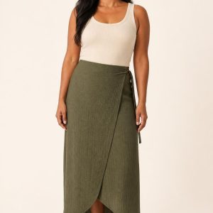 Women's Olive Tonal Texture Wrap Skirt worn with an adult model