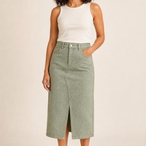 Women's Sage Tonal Texture Denim Skirt worn with an adult model