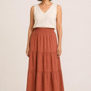 Women's Terracotta Tonal Texture Tiered Skirt worn with an adult model