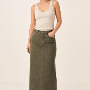 Women's Olive Tonal Texture Maxi Skirt worn with an adult model