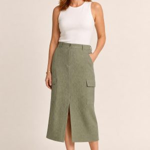 Women's Sage Tonal Texture Cargo Skirt worn with an adult model