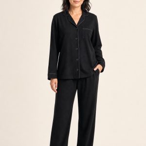 Women's Black Nightshirt and Pants Set worn with an adult model
