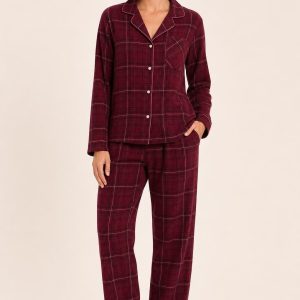 Women's Burgundy Long Pajama Set worn with an adult model