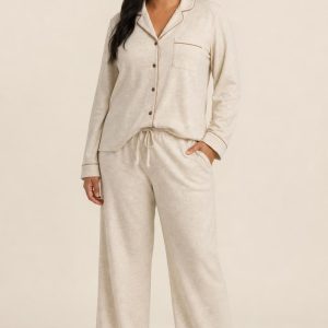 Women's Oatmeal Jersey Pajama Set worn with an adult model