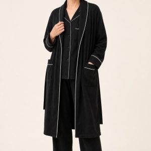 Women's Black Cotton Robe and Pajama Set worn with an adult model